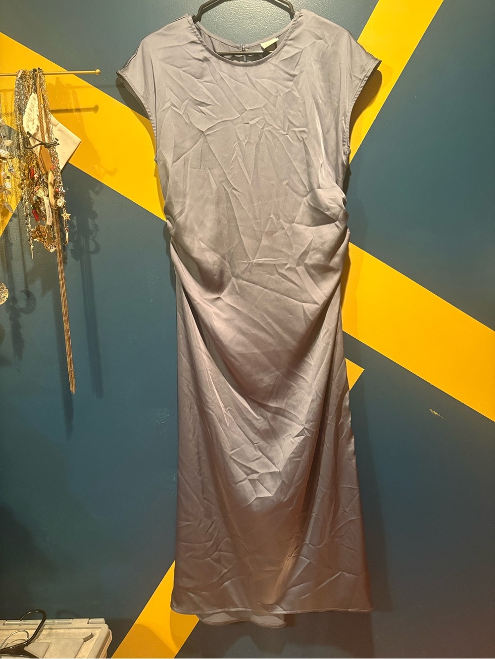 A New Day Steel Blue Cap Sleeve Satin Maxi Dress NWT